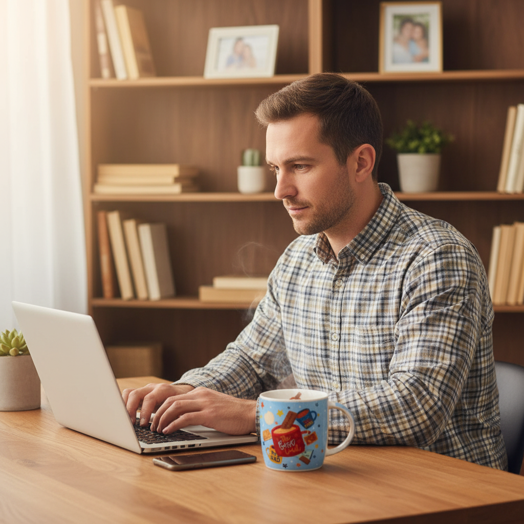 Best Dad mug on a home office desk beside a laptop – great gift for dads who work from home