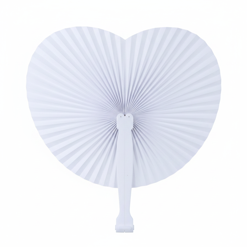 Close-up detail of white heart paper fan showing accordion fold texture and white plastic handle