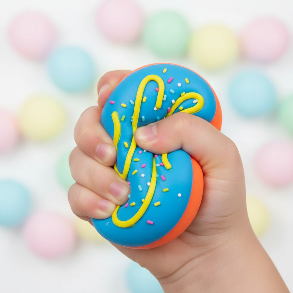 Child's hand squeezing Scrunchems Donut Squishy toy showing soft slow-rise foam texture