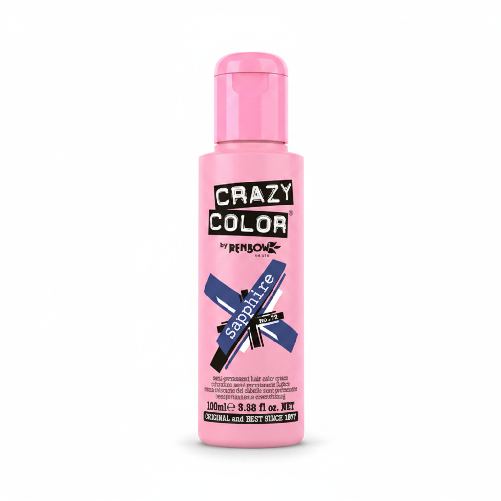 Crazy Color Sapphire Blue No.72 100ml semi-permanent hair dye bottle on white studio background