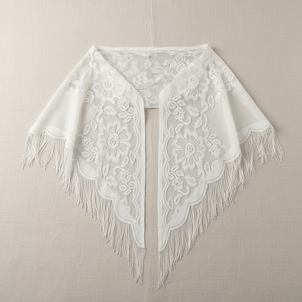 White women's lace triangular shawl scarf displayed on a clean neutral surface showing delicate lace texture and triangular shape