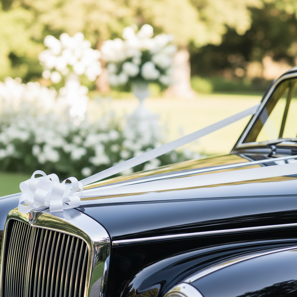 Close-up of white wedding ribbon and pull bow decorating a black wedding car bonnet