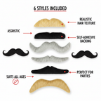Premium feature infographic of 6 assorted fancy dress moustaches with callout labels highlighting key features on white background
