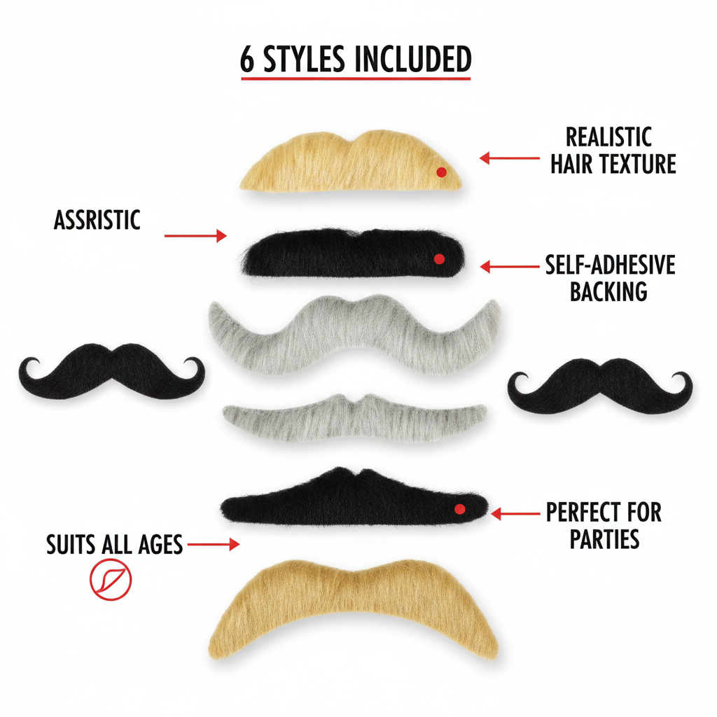 Premium feature infographic of 6 assorted fancy dress moustaches with callout labels highlighting key features on white background