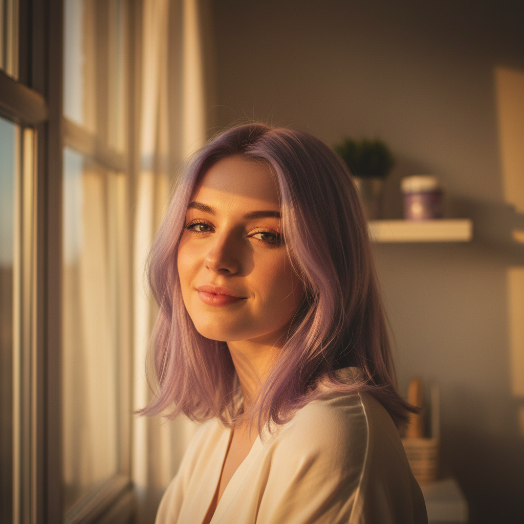 Woman with beautiful lilac hair colour achieved using La Riche Directions Lilac Hair Dye, golden hour lifestyle photography