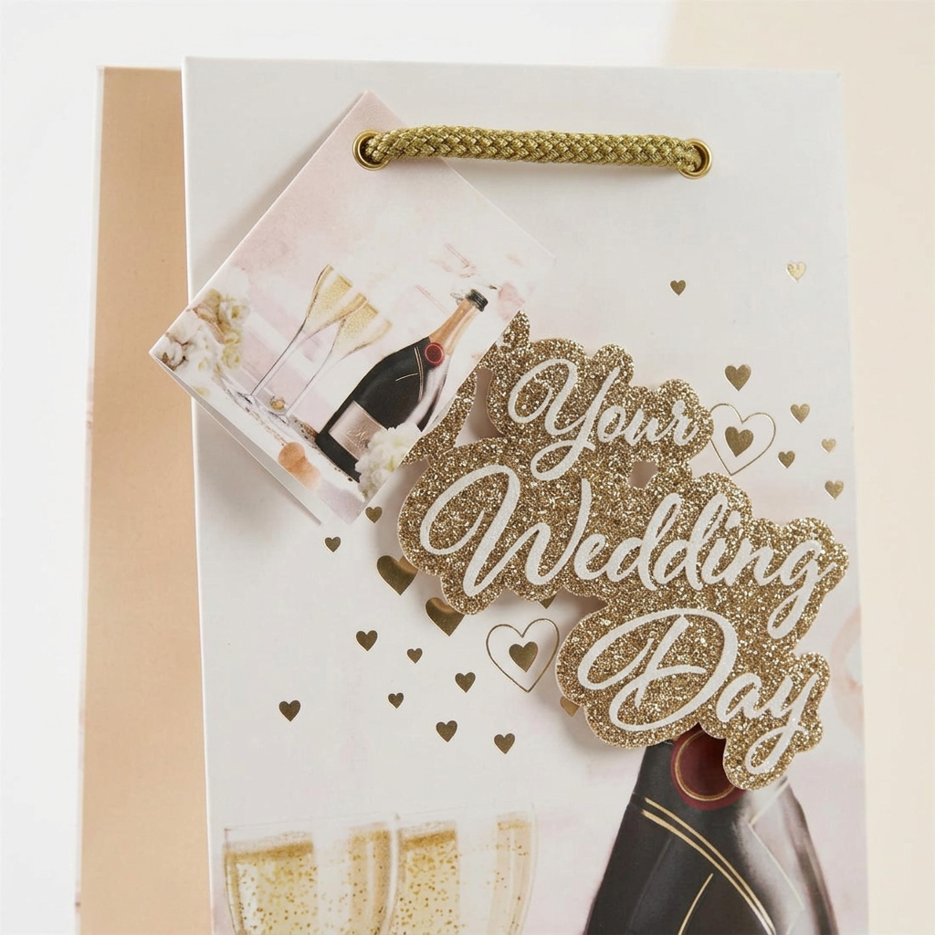 Close-up of the wedding bottle bag's gold rope handle, illustrated gift tag and wedding lettering