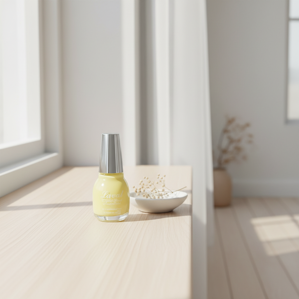 Laval Crystal Finish Nail Polish pastel yellow on bright airy windowsill with white ceramic dish and dried flowers, natural light lifestyle photography