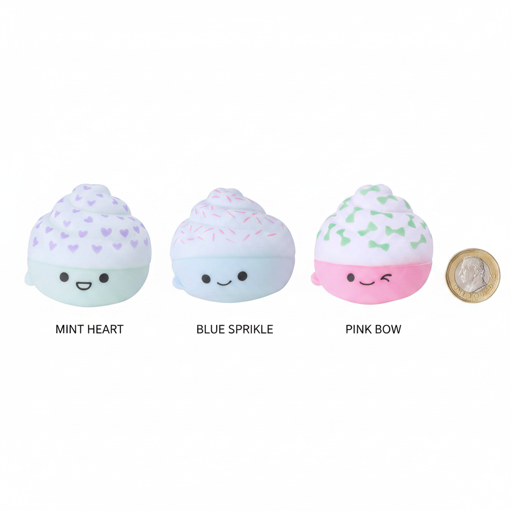 Squishy Cupcake Cuties flat lay with £1 coin for size reference - three assorted pastel designs