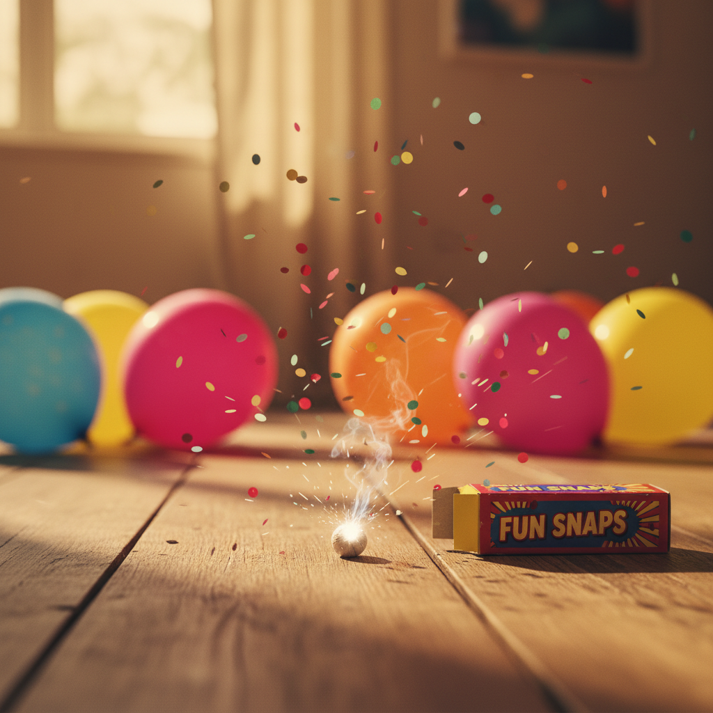 Fun snap throwdown popping on a wooden floor at a birthday party with a tiny white flash and wisp of smoke, warm cinematic atmosphere