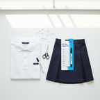 Flat lay of Name Tape Kit And Pen with school uniform items and name tapes - back to school essentials