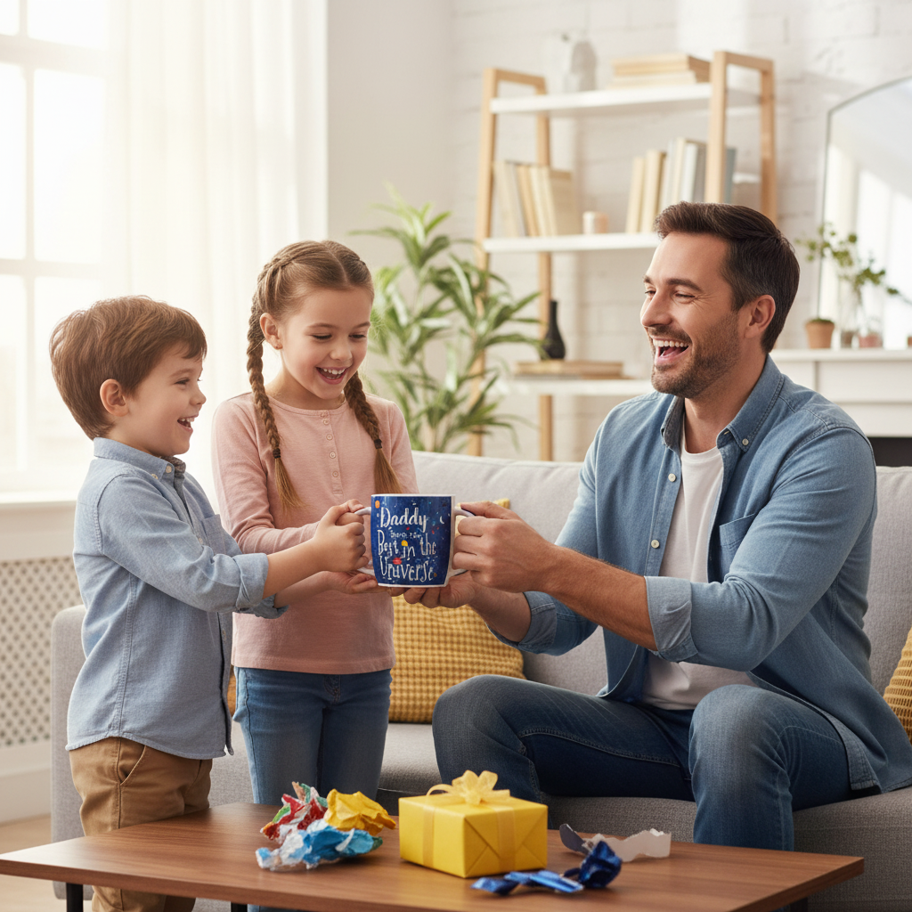 Children presenting Best Daddy In The Universe mug as a Father's Day gift to their laughing dad