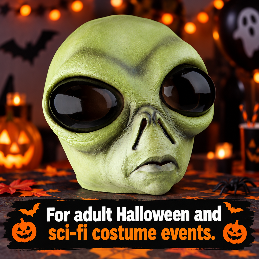 Green bug-eye alien mask against a Halloween party backdrop with costume-event caption