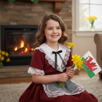 Happy girl aged 5-6 years wearing traditional Welsh costume with red dress and white lace in cozy home setting for St David's Day