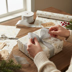 Gift wrapping with silver Eleganza ribbon being tied into bow