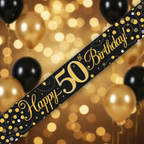 9ft Sparkling Fizz 50th Birthday Banner in black and gold holographic - premium party decoration