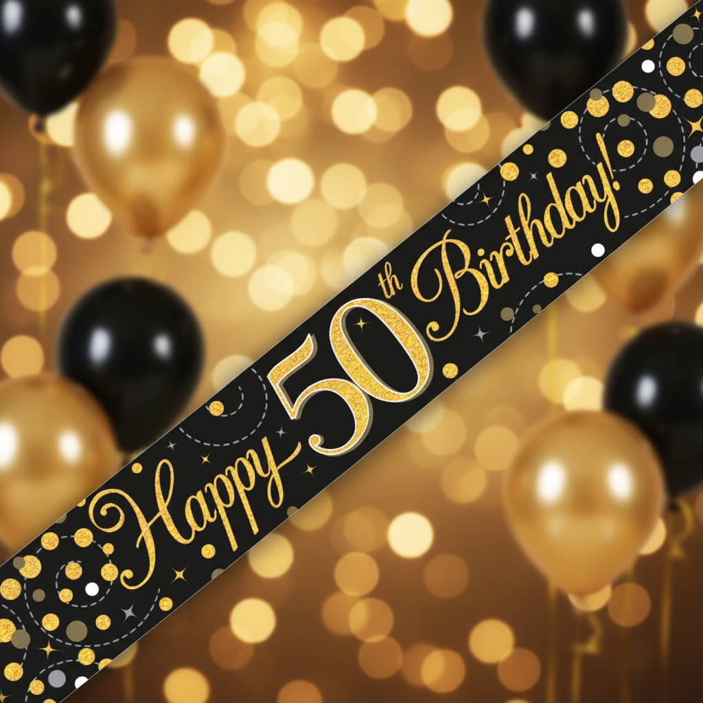 9ft Sparkling Fizz 50th Birthday Banner in black and gold holographic - premium party decoration