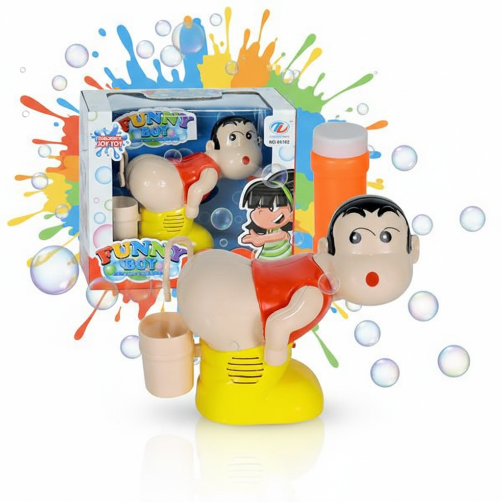 Funny Boy Bubble Farting Machine on colourful background with bubbles - hero product shot