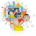 Funny Boy Bubble Farting Machine on colourful background with bubbles - hero product shot