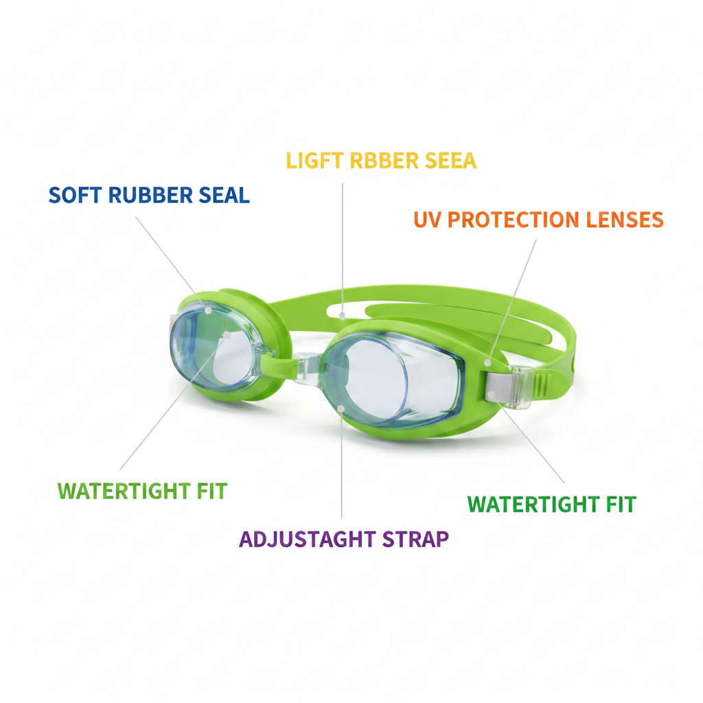 Kids Swimming Goggles feature infographic showing soft rubber seal, UV lenses, adjustable strap, watertight fit and lightweight frame