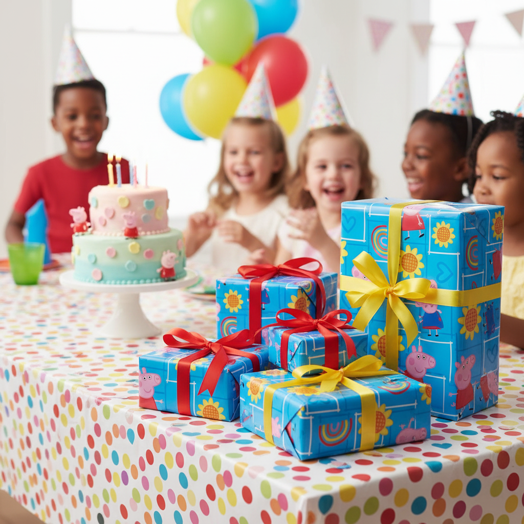 Beautifully wrapped presents with Peppa Pig wrapping paper at children's birthday party