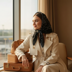 Woman wearing black striped neck gaiter scarf as a headband while travelling at an airport