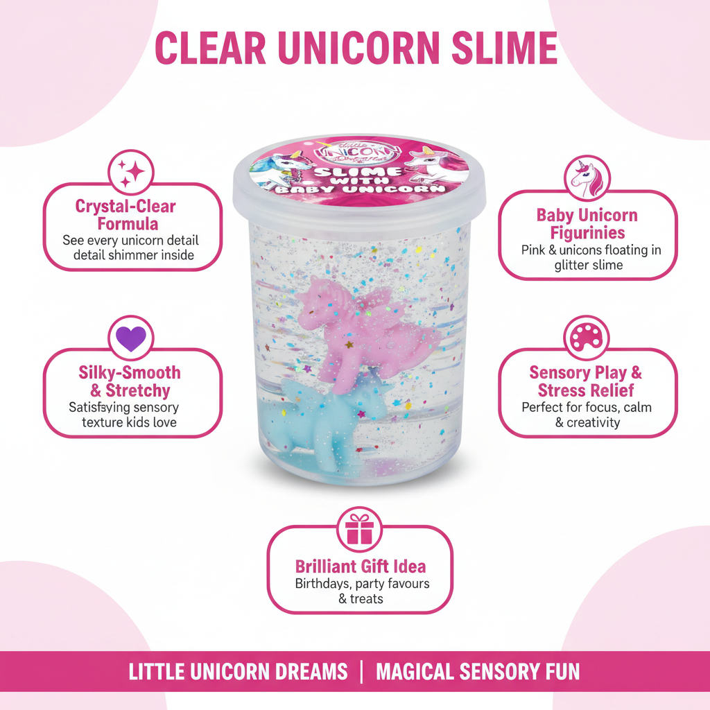 Clear Unicorn Slime with baby unicorn figurines – crystal-clear stretchy slime with pink and blue unicorns, multicolour glitter and stars, perfect sensory toy and kids birthday gift