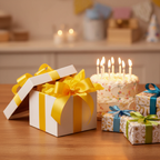 Finished gift box overflowing with yellow tissue paper beside birthday presents and cake, celebration scene