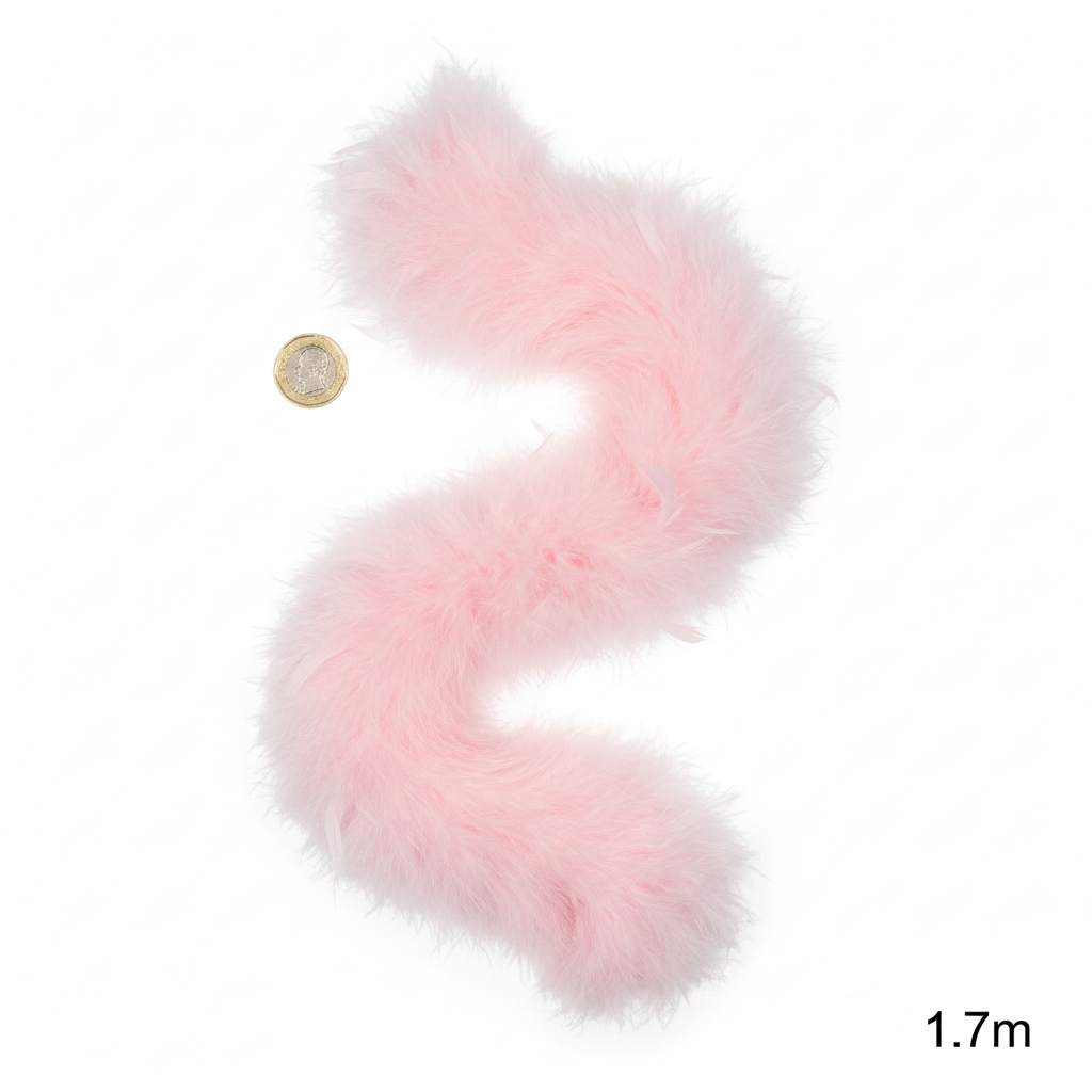 Baby pink feather boa flat lay beside a UK £1 coin to show scale, 1.7m length labelled, white background