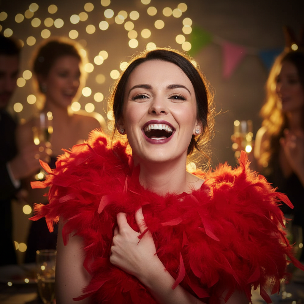 Woman laughing at a hen party draped in a vivid scarlet red feather boa, golden hour celebration