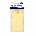 10 pack of tie-on manilla luggage labels in pale yellow card with natural cotton twine, centred on pure white background, studio lighting