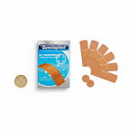 Questaplast Washproof Plasters box flat lay on white background beside a UK £1 coin for scale, assorted tan plasters fanned out