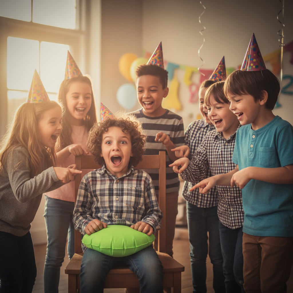 Children laughing at a birthday party after a whoopee cushion prank, warm golden hour light