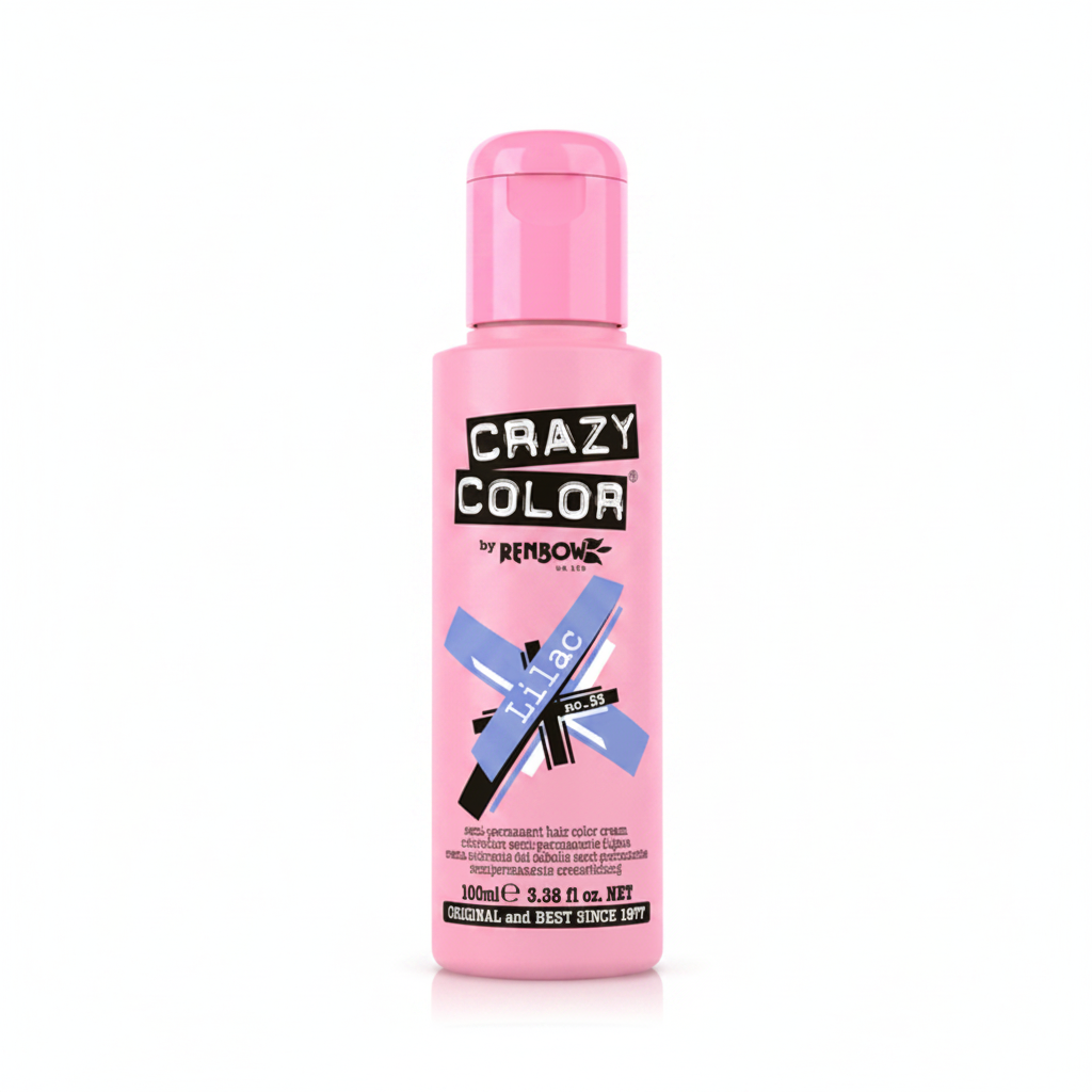 Crazy Color Lilac No.55 Semi-Permanent Hair Dye 100ml on pure white studio background — pink bottle with periwinkle blue label graphics