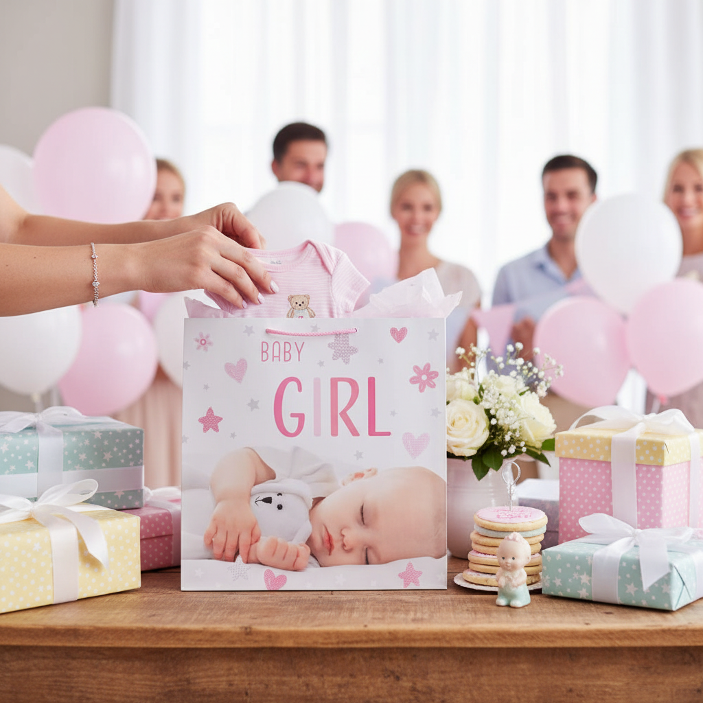 Pink baby girl gift bag at baby shower celebration with gifts and decorations