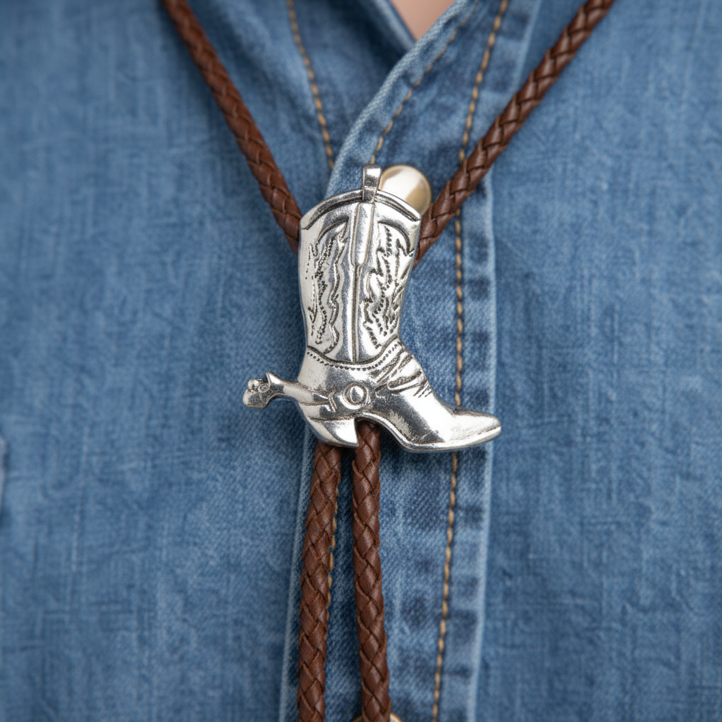 Extreme macro close-up of cowboy boot bolo tie silver boot charm and cord tip detail