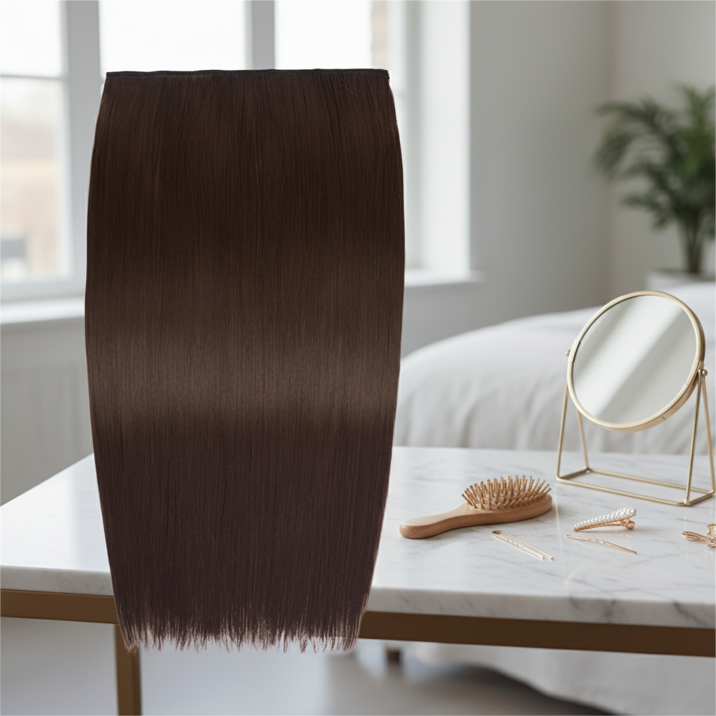 Chocolate Dahlia clip-in hair extension displayed on a marble dressing table with natural window light