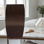 Chocolate Dahlia clip-in hair extension displayed on a marble dressing table with natural window light