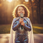 Child in sparkly costume performing with silver glitter microphone prop in golden hour light, aspirational lifestyle photography