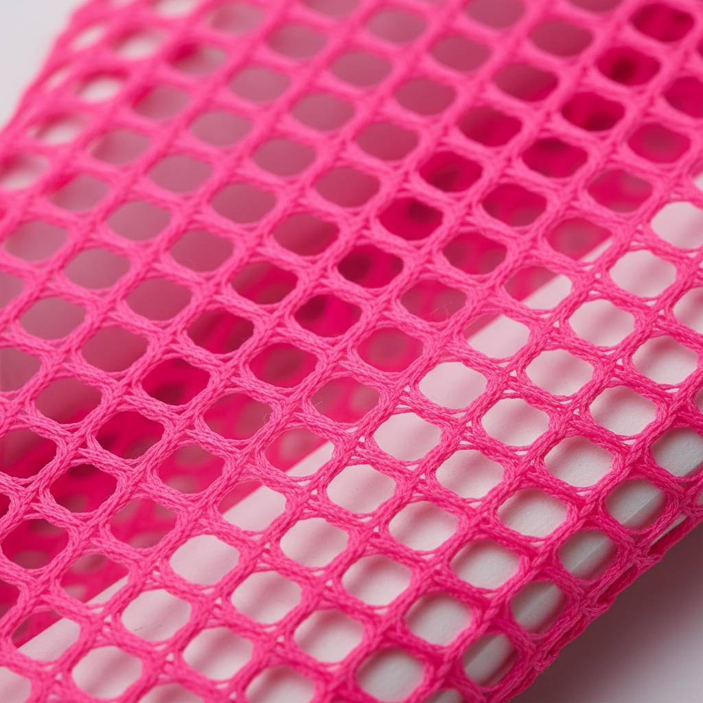 Extreme macro close-up of neon hot pink fishnet glove mesh weave texture and material quality