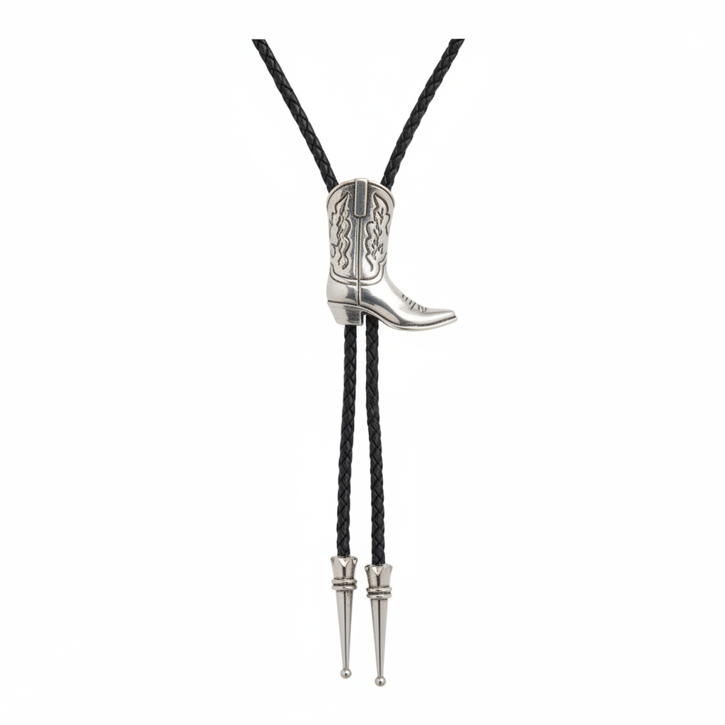 Cowboy Boot Bolo Tie with silver boot charm on black cord — pure white background studio hero shot