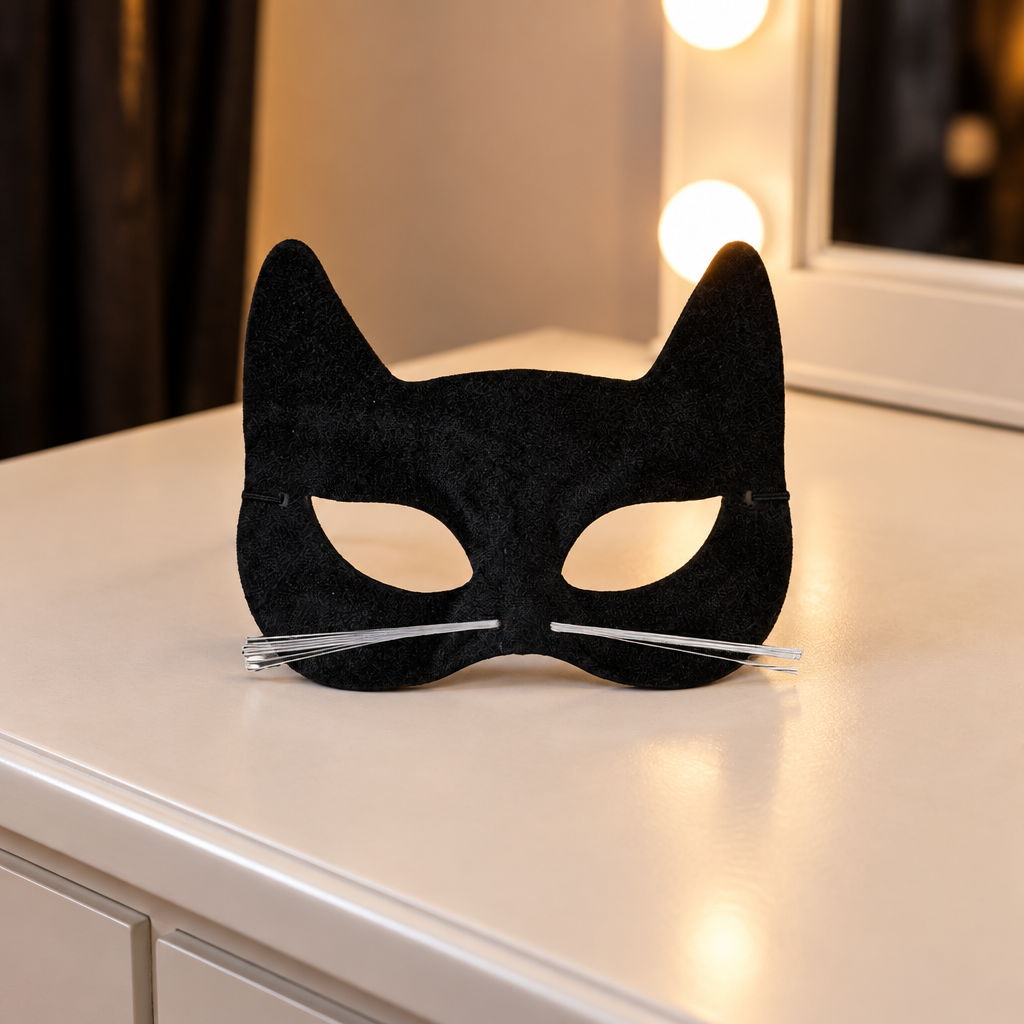 Black velour cat mask with white whiskers standing on a dressing table