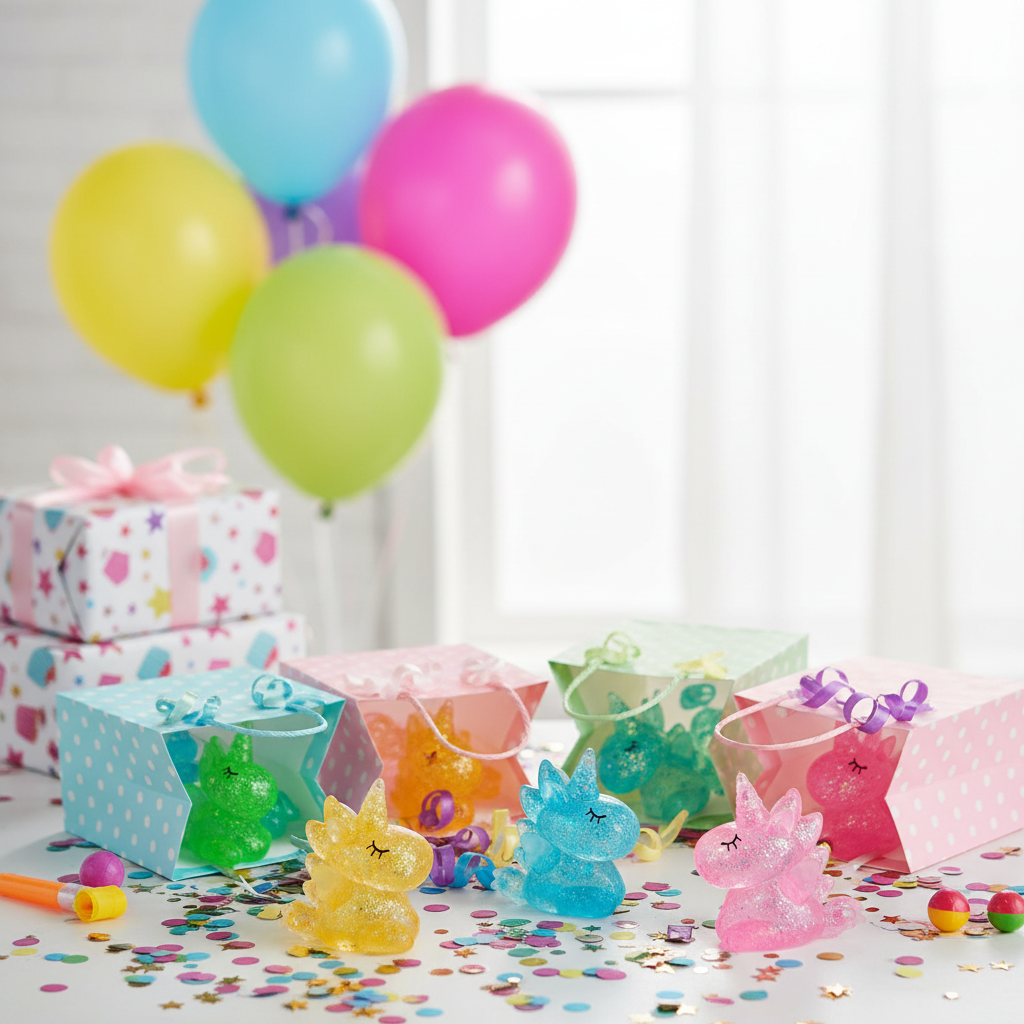Glittery unicorn squeeze toys in colourful party bags at a children's birthday party – perfect party bag filler