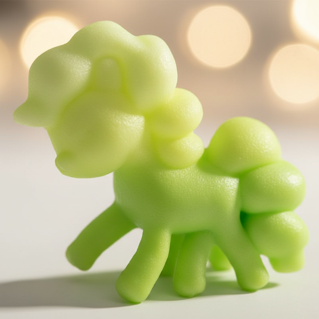 Extreme macro close-up of lime green squishy toy showing ultra-soft slow-rise foam texture and smooth matte finish
