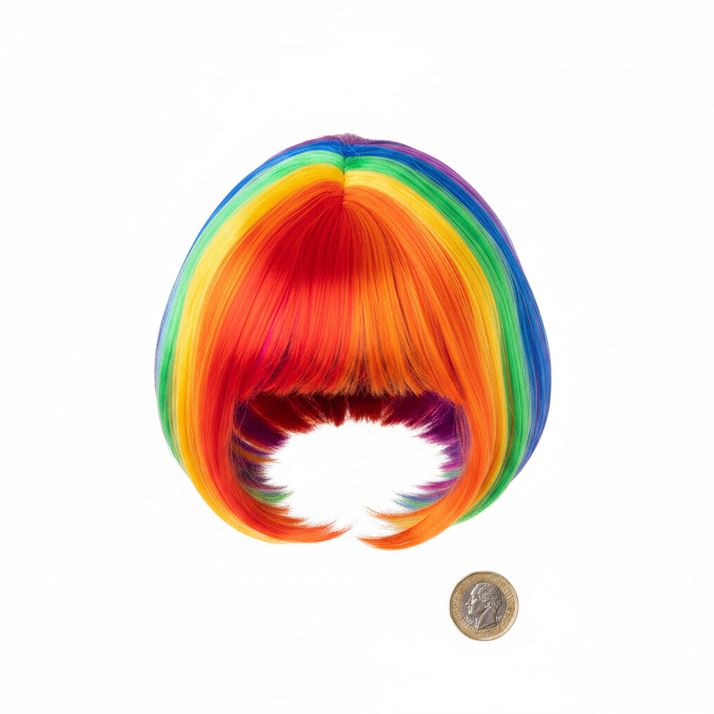 Rainbow multi colour bob wig flat lay beside £1 coin on white background to show scale