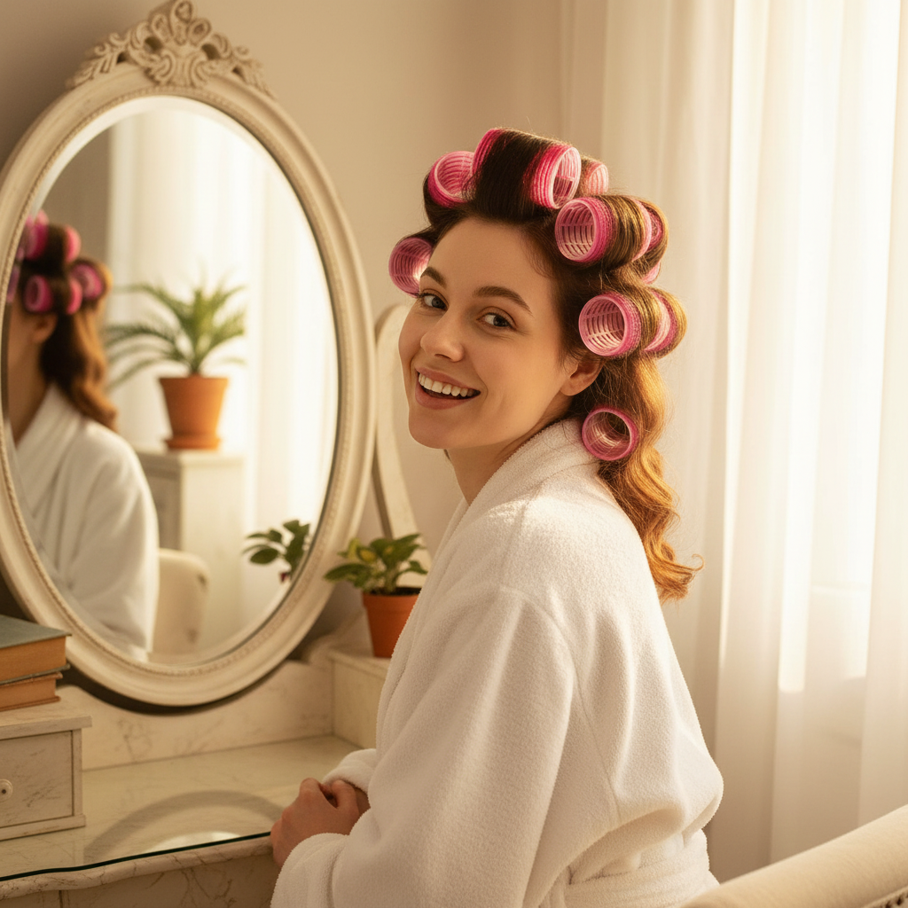 Woman in cozy robe with pink velcro hair rollers in her hair during morning beauty routine