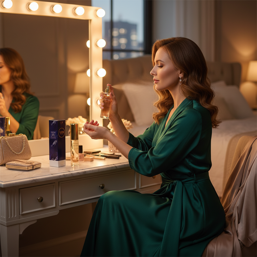 Woman spritzing Tutu Woman perfume on her wrist before a night out