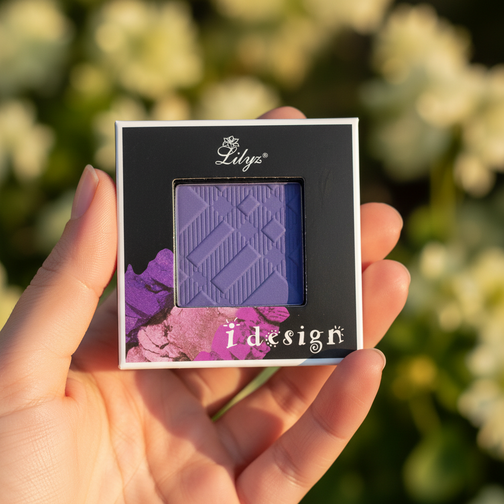 Hand holding Lilyz Eyeshadow Mono Navy Blue in a natural beauty setting