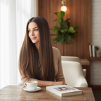 Woman with long silky straight dark brown hair with caramel highlights in a stylish living room, natural window light, interior lifestyle photography