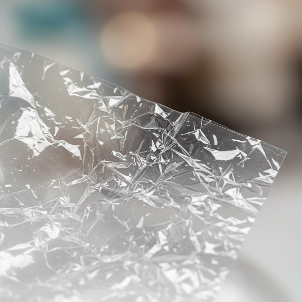 Extreme macro close-up of crystal-clear cellophane wrap showing glass-like transparency and texture