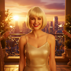 Woman wearing sleek blonde bob wig at a golden hour glamorous evening party — bold diva aspirational lifestyle
